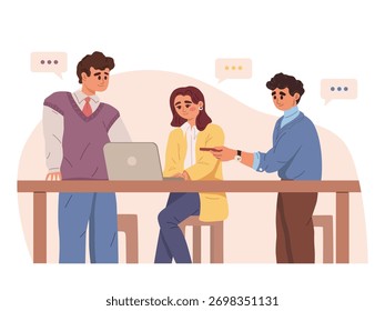 Grupo de tres empleados de oficina que colaboran en un escritorio con el ordenador portátil, estilo de la historieta, fondo abstracto suave. Concepto de trabajo en equipo y planificación. Ilustración vectorial