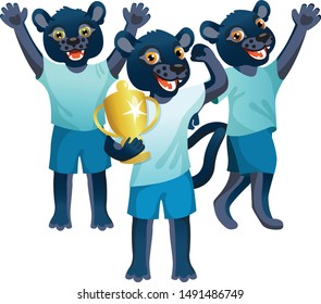 Group of three panthers in uniform cheering on the soccer field with goblet