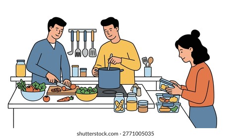 A group of three people is cooking together at a kitchen counter