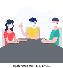 Group of three people in family wearing masks sitting together. Mom dad and son Social distancing flat character vector.