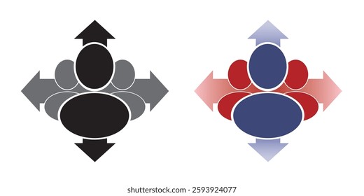 Group of three people with multidirectional arrows, flat style icon. Groups of users and colleagues. Teamwork logo. Activity and creativity. Multiuser activity. EPS 10. Vector illustrations