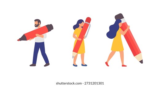 Group of three people with oversized red and yellow writing tools. Flat vector characters for teamwork, study, and creativity design concepts.