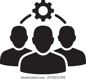 grupo de três pessoas silhuetas ligadas a um símbolo de engrenagem isolado no fundo branco representando o trabalho em equipe e a gestão de recursos humanos