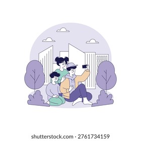 Group of three people smiling while taking a selfie in a city park setting. Vector illustration shows an outdoor scene with buildings and trees in the background, conveying joy and connection.