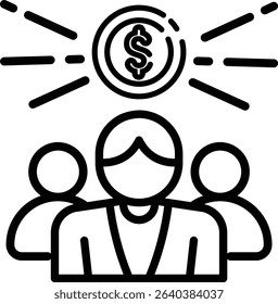 Group of three people from the UK hold a dollar coin vector icon outline style. Suitable for finance, investment, business, or currency related concepts.
