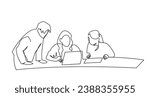 Group of three people working together continuous one line vector drawing. Students preparing to exams, doing homework. Coworking. Job meeting, discussion.