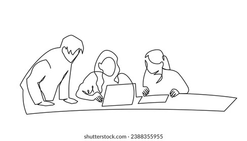 Group of three people working together continuous one line vector drawing. Students preparing to exams, doing homework. Coworking. Job meeting, discussion.