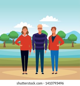 group of three person avatar cartoon character blond with glasses brunette, outdoor in the park landscape vector illustration graphic design