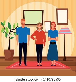 group of three person avatar cartoon character redhead, brunette, with beard, indoor in house background vector illustration graphic design