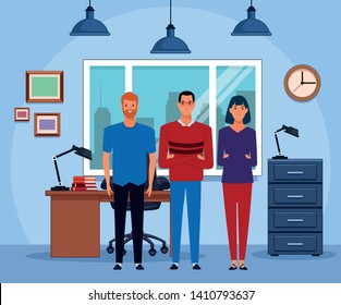group of three person avatar cartoon character blue hair, wearing glasses and redhead with beard, indoor in the office background vector illustration graphic design
