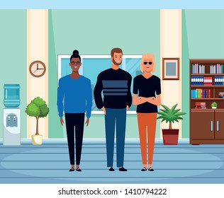 group of three person avatar cartoon character blond with sunglasses, wearing glasses, with beard, and afroamerican indoor in the office background vector illustration graphic design