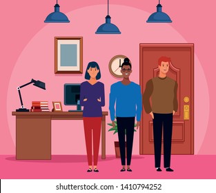 group of three person avatar cartoon character blue hair, redhead, and afroamerican indoor in the office background vector illustration graphic design