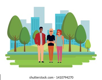 group of three person avatar cartoon character blond with sunglasses, wearing glasses, redhead, and afroamerican outdoor in the park landscape vector illustration graphic design