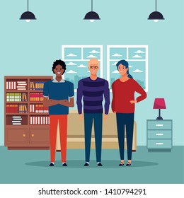 group of three person avatar cartoon character blond with glasses blue hair, and afroamerican indoor in house background vector illustration graphic design