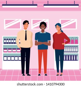 group of three person avatar cartoon character blue hair, with tie, and afroamerican indoor in market background vector illustration graphic design