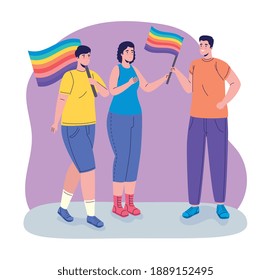 grupo de tres personas con indicadores lgtbi caracteres diseño de ilustración vectorial