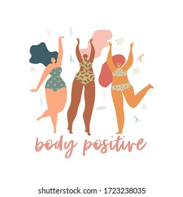 A group of three plus-size girls dancing and jumping in swimsuits. The concept of body positivity. Motivating and inspiring poster. Flat vector illustration.