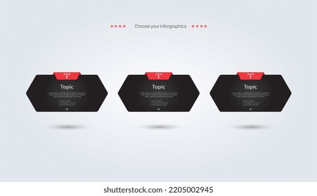 Group of THREE polygon shape buttons, polygon vector levels, dark icons infographic design, and set of 3 polygons shapes elements design, processing step element, infographic icon and banner template.