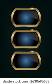 Group of three premium sleeks, rounded rectangle with a glossy black-blue center and golden border, radiating sophistication and exclusivity. vector and illustration