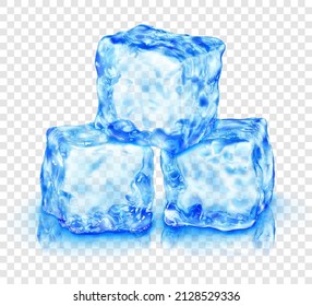 Grupo de tres cubos de hielo translúcidos realistas en color azul claro, con reflexión, aislados en fondo transparente. Transparencia sólo en formato vectorial