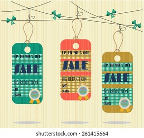 Group of three, retro, hanging tags with patterns