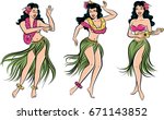 Group of three retro pop art Hawaiian Hula girls dancing in grass skirts.