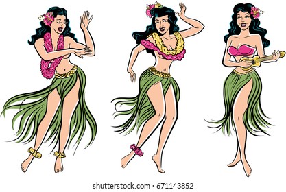 Group of three retro pop art Hawaiian Hula girls dancing in grass skirts.