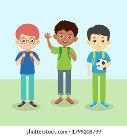Grupo de tres escolares sonriendo. Niños lindos multiétnicos con mochilas ilustrativas vectoriales.