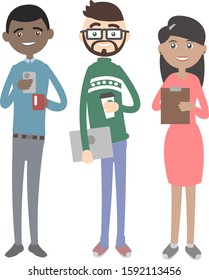 Group of three smiling young people standing together wearing warm office clothes and holding cellphone, notebook, cups of coffee and tablet for papers