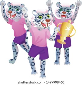 Group of three snow leopard girls in sport uniform cheering with gold goblet