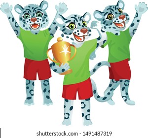 Group of three snow leopards in uniform cheering on the soccer field with goblet