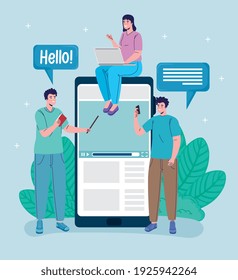 group of three students connecting online education vector illustration design