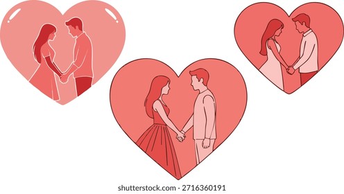 Eine Gruppe von drei stilisierten Herzformen, die einfache Linienzeichnungen von romantischen Paaren, die Hände halten und zärtlich aufeinander schauen, enthalten, repräsentiert die anhaltende Liebe, Leidenschaft und Verbindung in Beziehungen, die sich für valentinische Designs eignen, die Zuneigung und Engagement zwischen Partnern feiern, indem sie subtile Rot- und Rottöne verwenden, die die herzliche Emotion betonen.