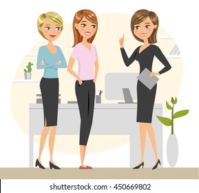 Group of three talking women. Three smiling communicating women in the office. Superior of team is pointing an idea (or solution). Vector illustration.