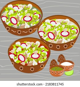 Group of three tasty plates of traditional mexican pozole. White, green and red Pozole.