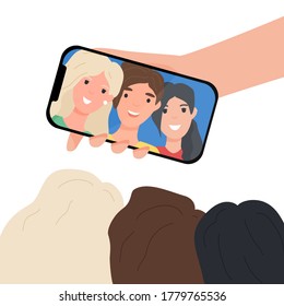 Group of three teenage friends taking a selfie with a smartphone. Young smiling man and women. People friendship concept. Colorful flat cartoon vector illustration isolated on white background