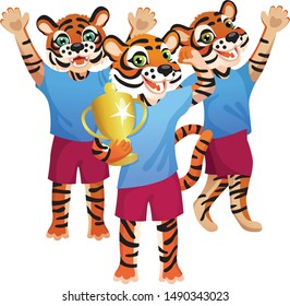 Group of three tigers in sport uniform cheering with goblet