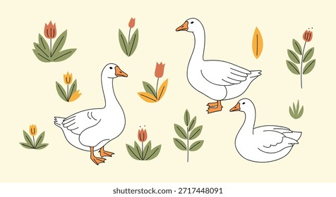 Grupo de tres gansos blancos de pie entre coloridas flores de primavera y ramas frondosas sobre un fondo crema suave.
