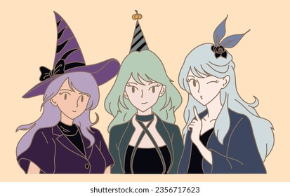 Group of three woman dressing up as witches, wearing colored wigs and hats, posing cute gesture for Halloween party. Hand drawn flat cartoon character vector illustration.