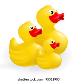 Group of three yellow rubber ducks vector