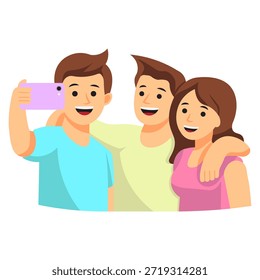 Un grupo de tres jóvenes amigos, dos hombres y una mujer, sonríen y posan para una selfie. Un hombre sostiene un teléfono inteligente para capturar el momento, con el brazo alrededor de la mujer.
