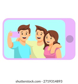 Un grupo de tres jóvenes amigos, dos hombres y una mujer, posan para una selfie. Todos están sonriendo y parecen estar disfrutando.