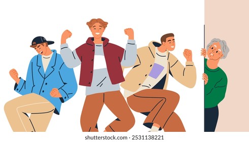 Group of three young people dancing energetically with joy while an older individual watches curiously from the side. Ideal for themes of friendship, celebration, youth, generational differences, and