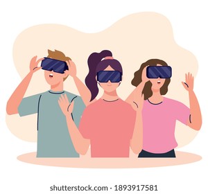 group of three young people using reality virtual masks technology devices vector illustration design