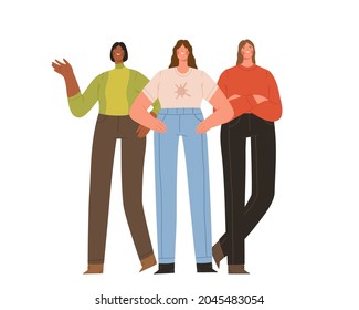 Group Of Three Young Strong Women Standing Together. Female Friendship, Sisterhood Or Feminist Activists. Girl Power. Cartoon Flat Vector Illustration.