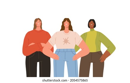 Group Of Three Young Strong Women Standing Together. Female Friendship, Sisterhood Or Feminist Activists. Girl Power. Cartoon Flat Vector Illustration.