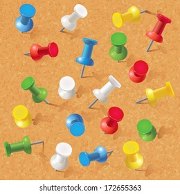 Group of thumbtacks pinned on corkboard. Front view. Vector illustration. Set