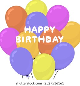 Group of tied together balloons of different colors flying up. Happy birthday inscription. Helium balloons for birthday or party decoration. Vector illustration in flat style.