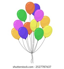 Grupo de globos atados juntos de diferentes colores volando hacia arriba. Globos de helio para decoración de cumpleaños o fiesta. Ilustración vectorial en estilo plano.