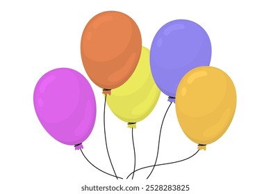 Grupo de globos atados juntos de diferentes colores volando hacia arriba. Globos de helio para decoración de cumpleaños o fiesta. Ilustración vectorial en estilo plano.